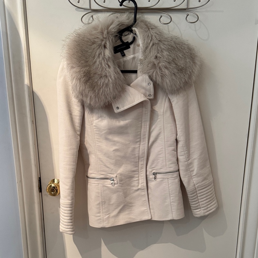 Karen Millen sz4 preowned no smoke home Cream Jacket w removable Faux Fur Collar